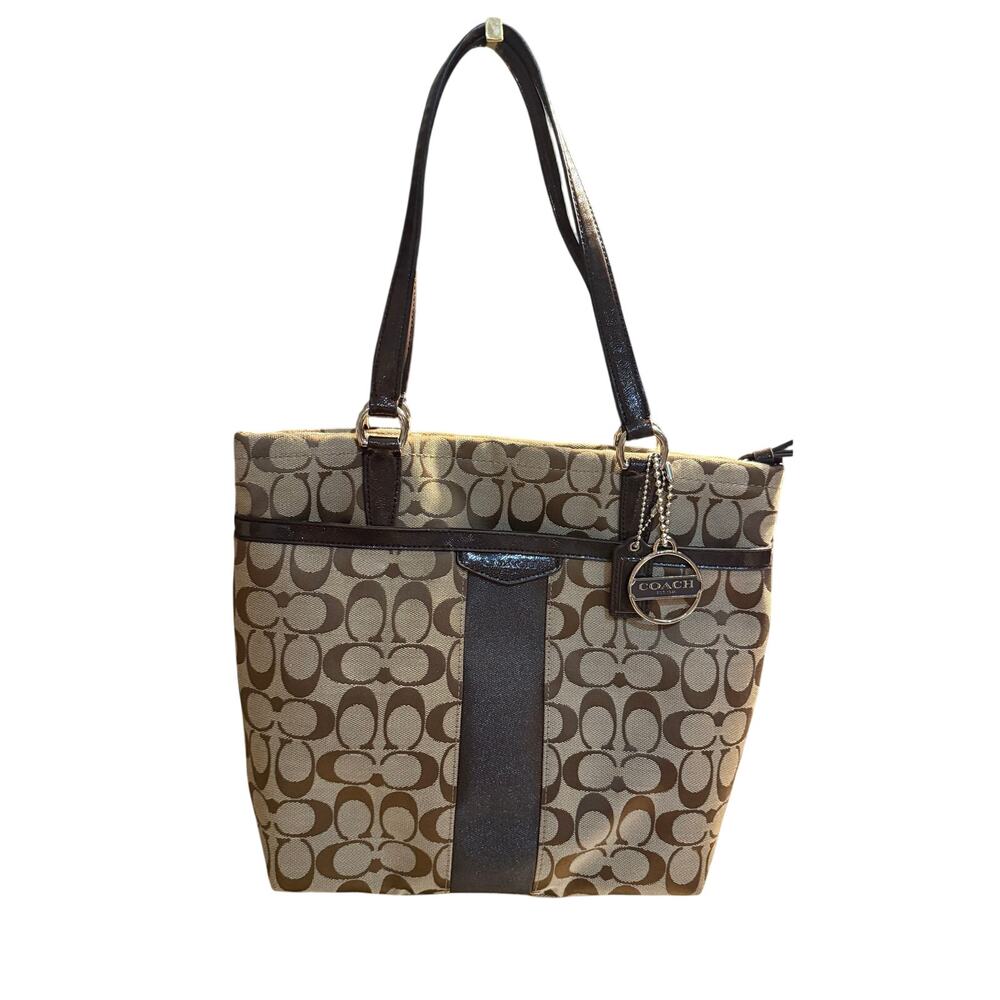 Coach signature straight tote in chocolate, brown and khaki